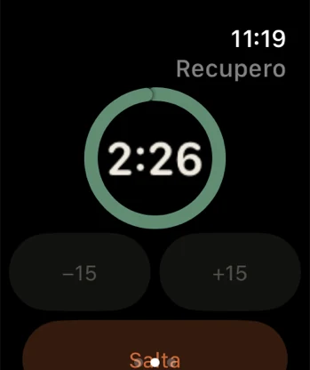 The app on the Apple Watch: the rest ring emptying, with the time left in the middle