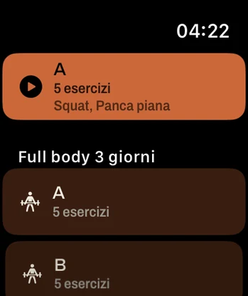 The app on the Apple Watch: the list of the phone’s programmes, with their days and how many exercises each holds